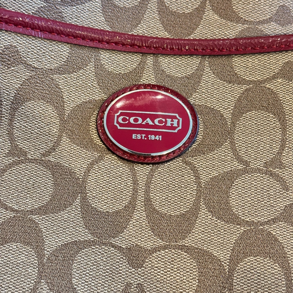 Coach Signature Canvas Shoulder Bag - Red and Brown - Picture 2 of 7